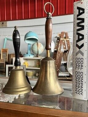 Pair Of Brass Hand Held School Bell with Wooden Handle (NICE!)